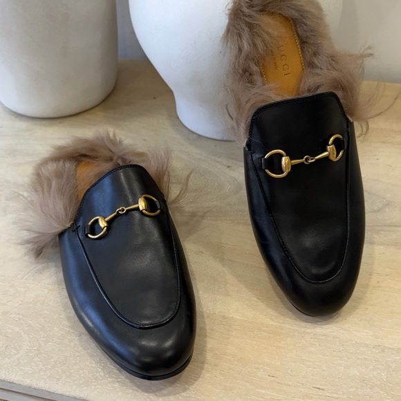 Gucci Shoes - Gucci Black Leather Loafers with Brown Fur and Gold Hardware